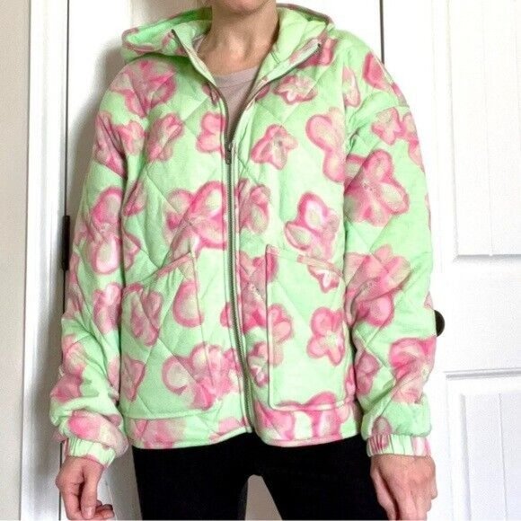 Wild Fable Jacket Hooded Quilted Green Pink Floral Full Zip - Picture 4 of 12